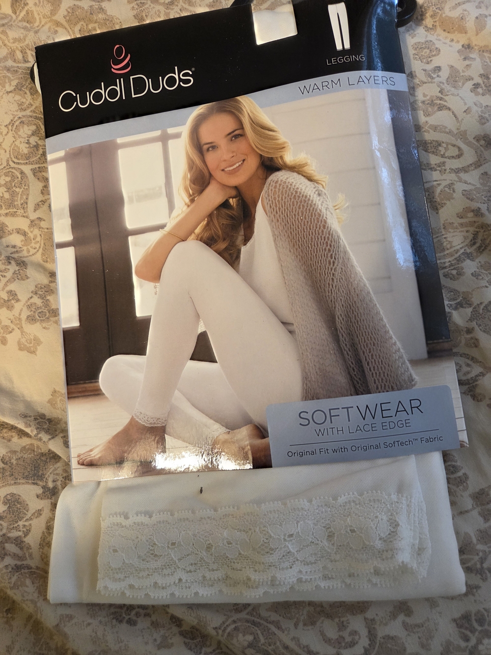 Cuddl Duds White Softwear Lace-Edge Leggings Large New In Package